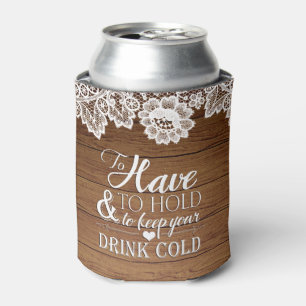 White Lace Rustic Barn Wood Monogram Wedding Drink Can Cooler