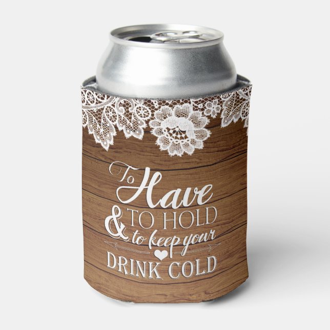 White Lace Rustic Barn Wood Monogram Wedding Drink Can Cooler (Can Front)