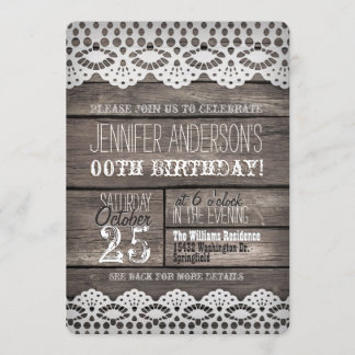 White Lace, Rustic Brown Wood Adult Teen Birthday Invitation