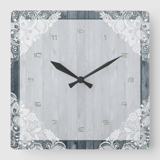 White Lace & Rustic Weathered Faux Wood Square Wall Clock (Front)