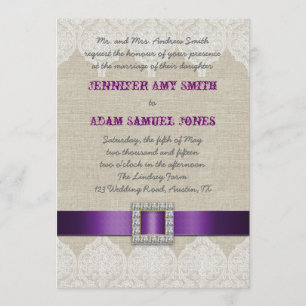White Lace Rustic Wedding Purple Ribbon Linen Invitation