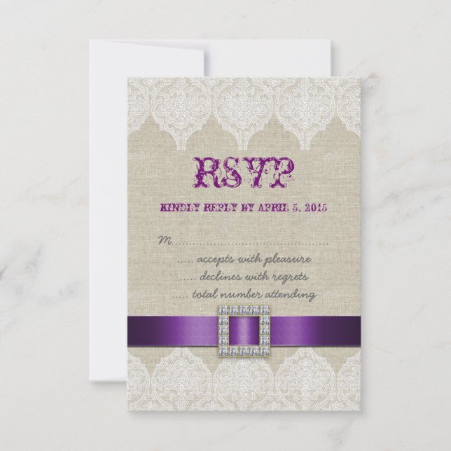 White Lace Rustic Wedding RSVP Purple Linen (Front)