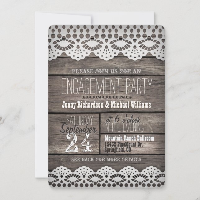 White Lace & Rustic Wood Engagement Party Invitation (Front)