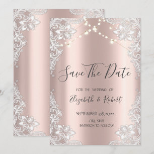 White Lace,String  Lights Rose Gold Save The Date