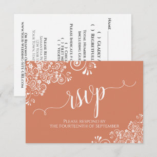 White Lace Terracotta Coral Elegant Script Wedding RSVP Card