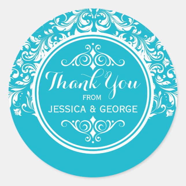 White Lace Turquoise Background Thank You 2 Classic Round Sticker (Front)