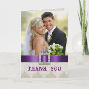 White Lace Vintage Wedding Photo Thank You Purple