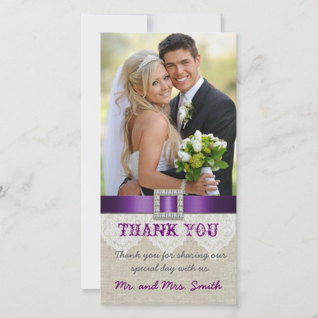 White Lace Vintage Wedding Thank You Photo Purple (Front)