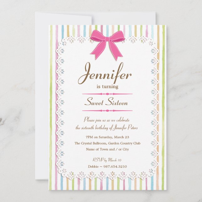 White Lace Watercolor Candy Stripes Sweet 16 Invitation (Front)