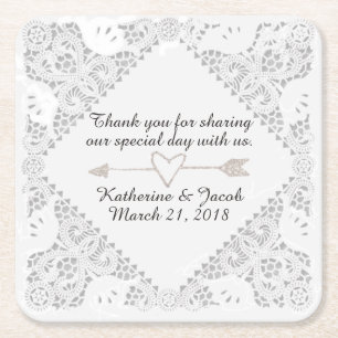 White Lace Wedding Thank You Favour Paper Coaster