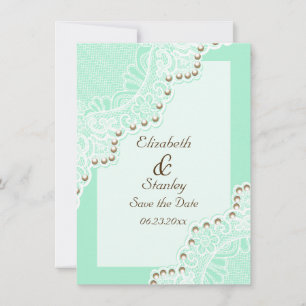 White lace with pearls mint wedding Save the Date