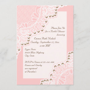 White lace with pearls pink wedding bridal shower invitation