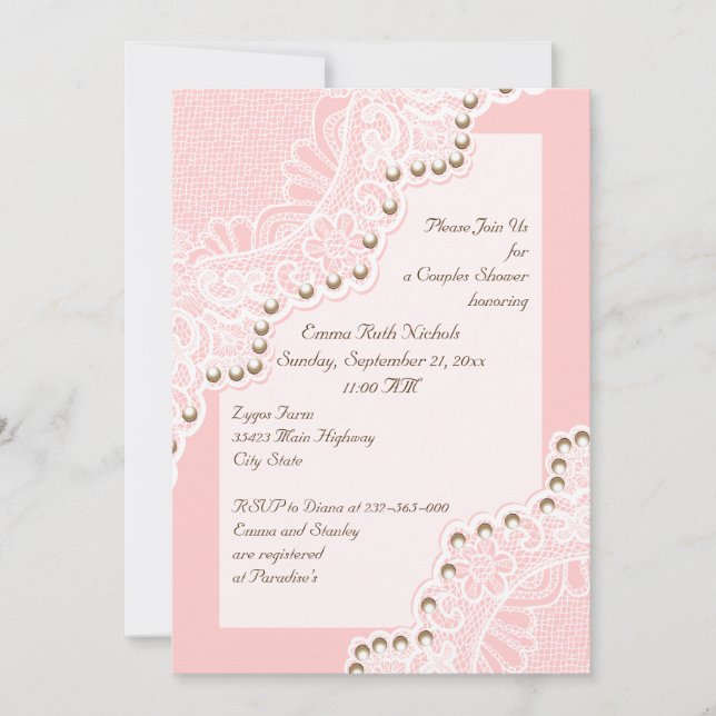 white lace with pearls pink wedding couples shower invitation (Front)