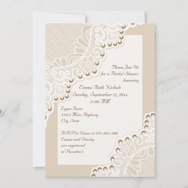 White lace with pearls wedding bridal shower invitation (Front)