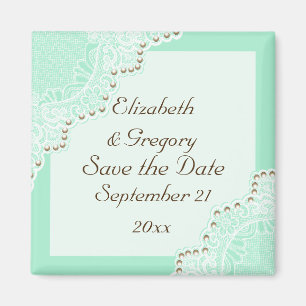 White lace with pearls wedding mint Save the Date Magnet