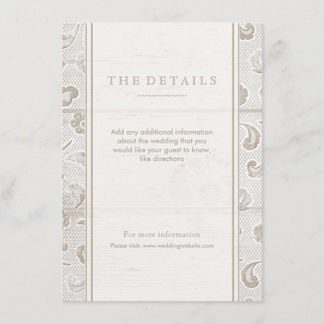 White lace wood rustic country wedding detail card (Front)