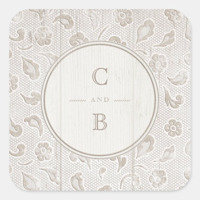 White lace wood rustic country wedding monogram square sticker (Front)