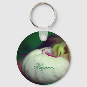 White Lady Slipper Flower Personalized Keychain