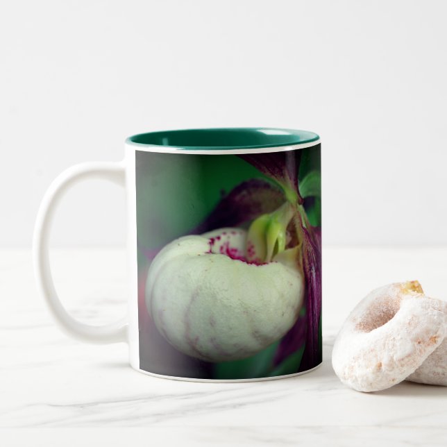 White Lady Slipper Flower Personalized Two-Tone Coffee Mug (With Donut)