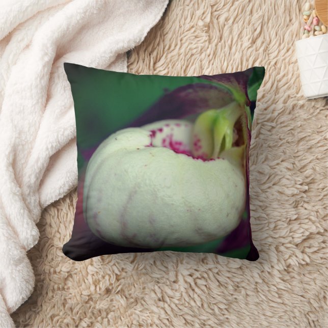 White Lady Slipper Orchid Flower Close Up   Throw Pillow (Blanket)