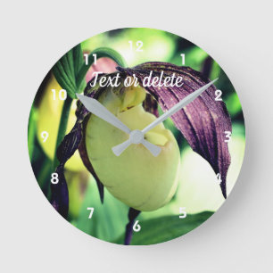 White Lady Slipper Orchid Flower Personalized Round Clock