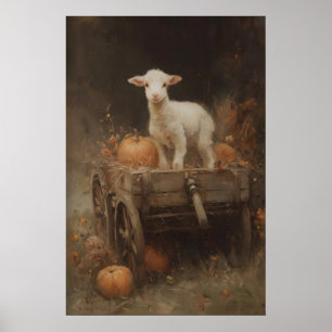White Lamb On Wooden Cart With Pumpkins, Gothic Poster