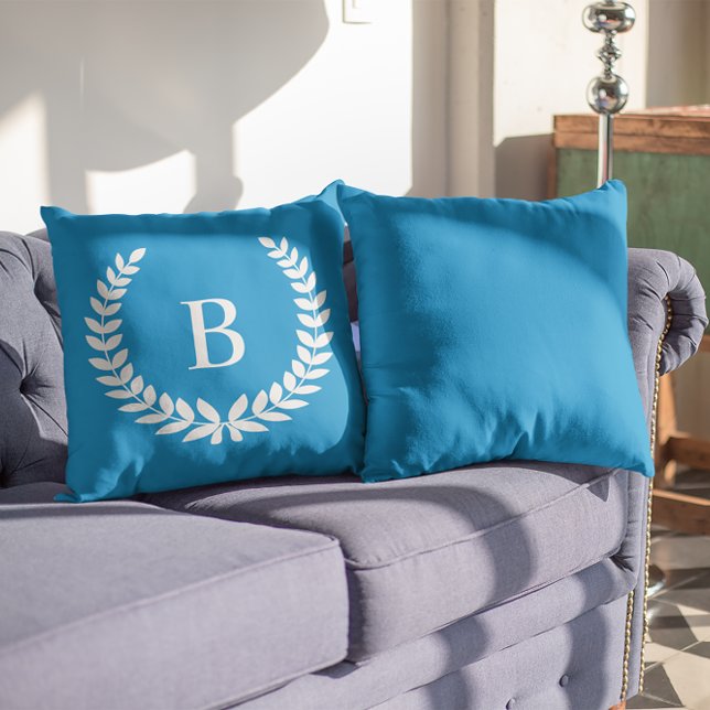 White Laurel Wreath Modern Monogram Outdoor Pillow (White Laurel Wreath Modern Monogram Outdoor Pillow)