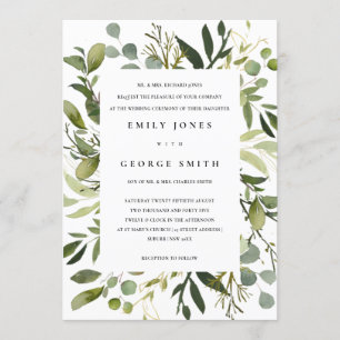 WHITE LEAFY FRAME GREEN FOLIAGE WATERCOLOR WEDDING INVITATION