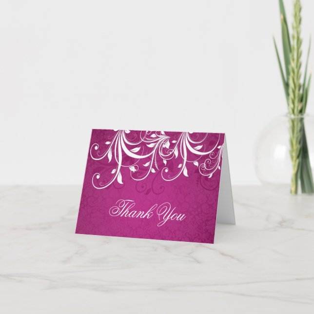 White leafy swirls on magenta Wedding Thank You (Front)