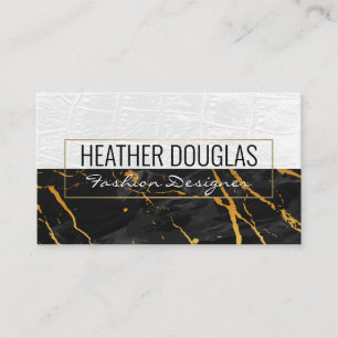 White Leather   Black Marble Gold Texture Business Card