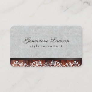 White Leather Rustic Wood and Elegant Text Business Card