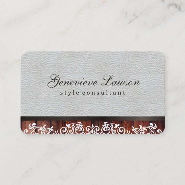 White Leather Rustic Wood and Elegant Text Business Card (Front)