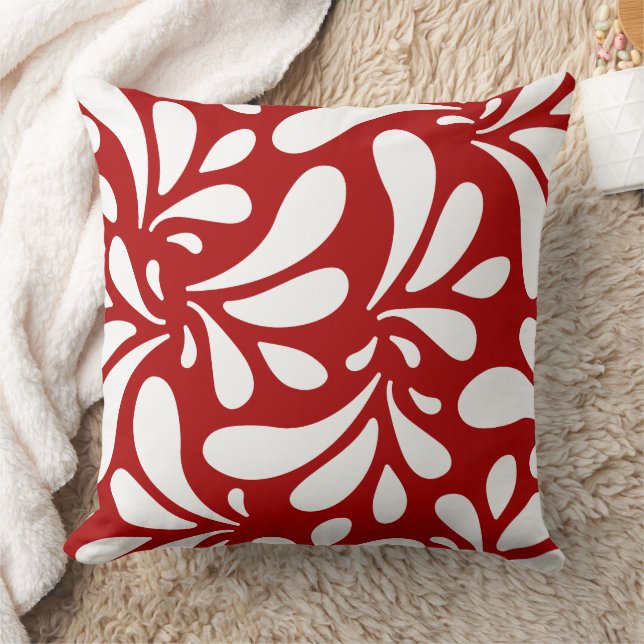 White Leaves Art Pattern on Red Background Throw Pillow (Blanket)
