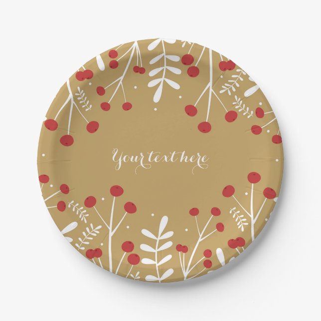 White Leaves & Berries Gold Holiday Christmas Paper Plate (Front)