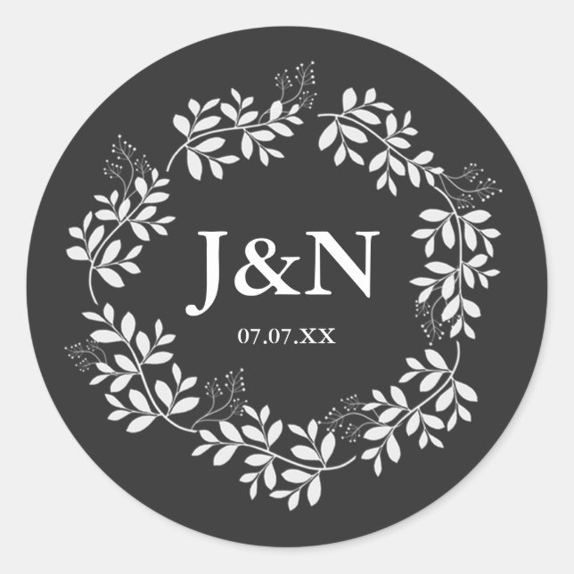 White Leaves Botanical Wreath Rustic Wedding Favou Classic Round Sticker (Front)
