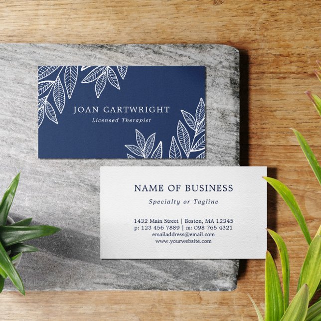 White Leaves - Dark Blue - Therapist Business Card (Creator Uploaded)
