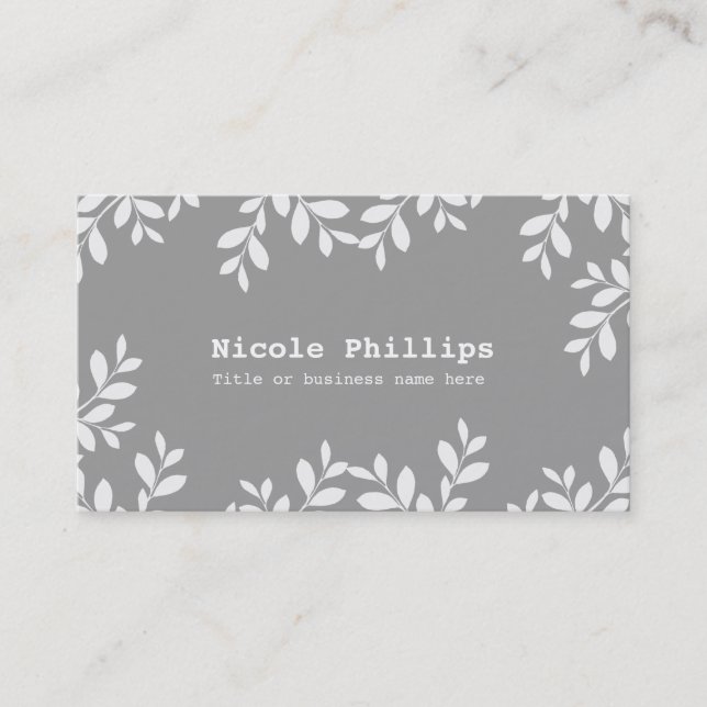White Leaves & Grey Modern Botanical Business Card (Front)