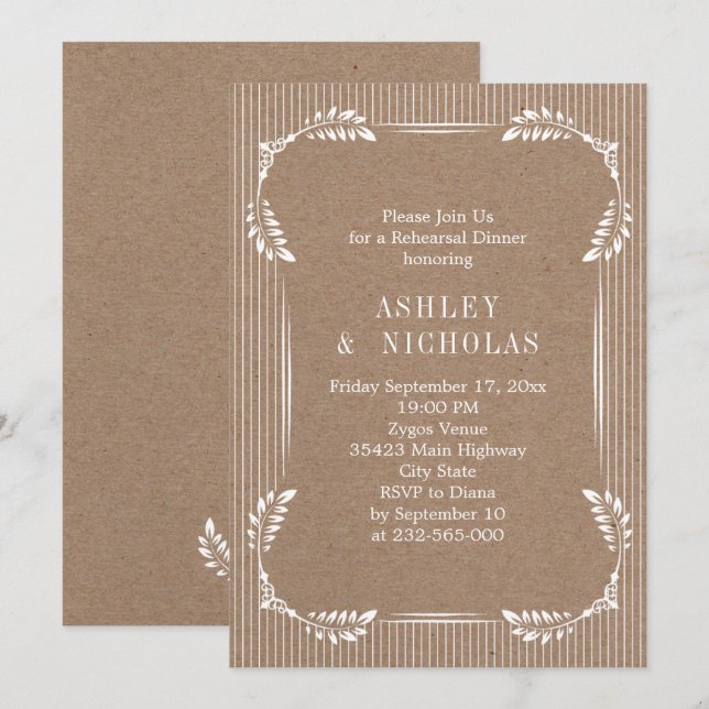 White leaves kraft paper wedding rehearsal dinner invitation (Front/Back)