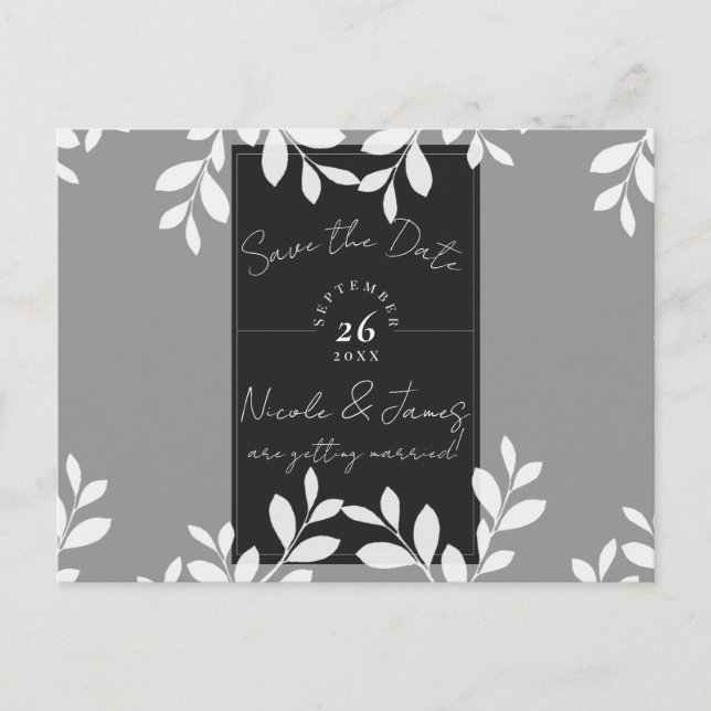 White Leaves Modern Botanical Save the Date Announcement Postcard (Front)
