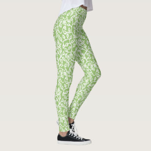 White Leaves Pattern on Apple Green to Customize Leggings