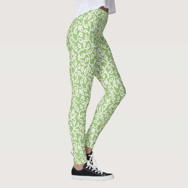 White Leaves Pattern on Apple Green to Customize Leggings (Right)