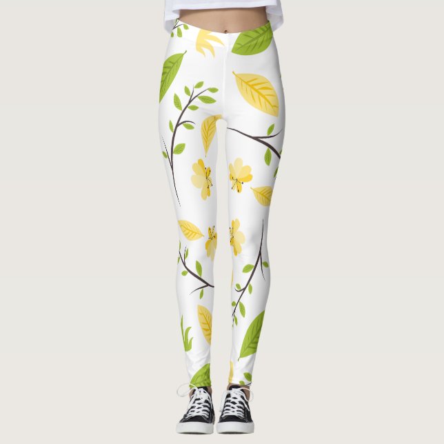 White legging with green leaves and  yellow flower (Front)