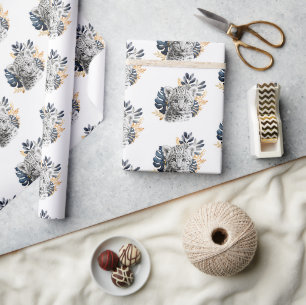 White Leopard Blue Tropical Leaves Wrapping Paper