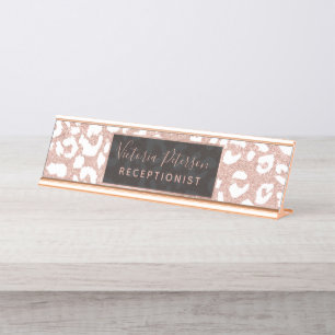 White leopard pattern chic rose gold glitter desk name plate