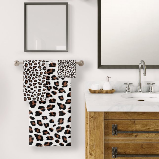 White Leopard Print  Bath Towel Set (Leopard Print New Bath Towel Set by Looly Elzayat
)