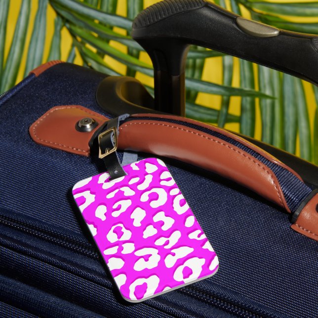 White Leopard Print Pink Luggage Tag (Front Insitu 1)
