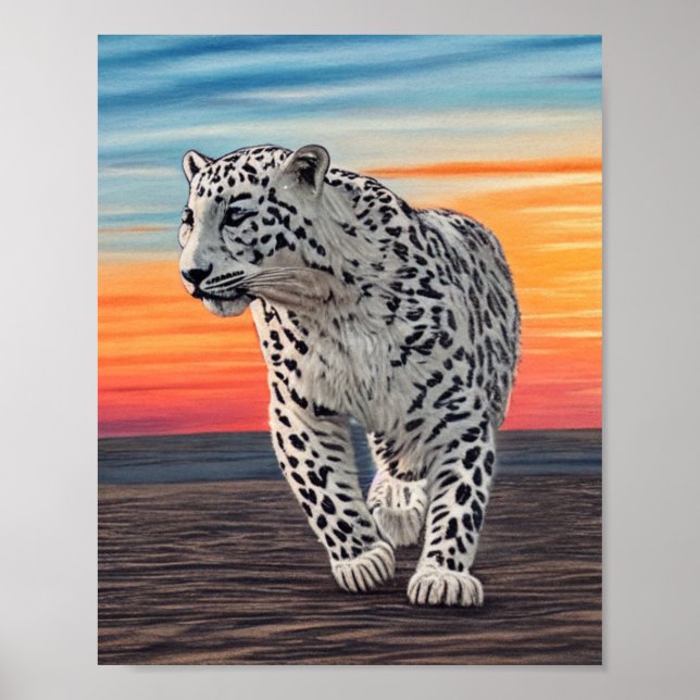 White Leopard Walking on the Beach During a Sunset Poster (Front)