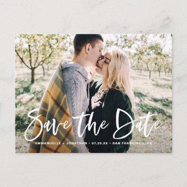 White Lettering Photo Save the Date Postcard (Front)