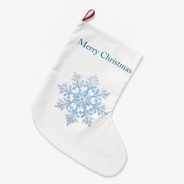 White Light Blue Christmas Snowflake Large Christmas Stocking (Front (Hanging))