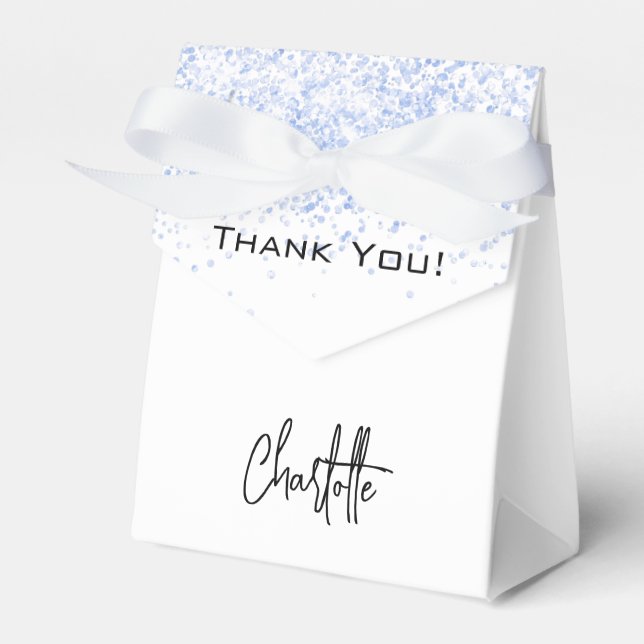 White light blue glitter sparkles name thank you favor box (Front Side)